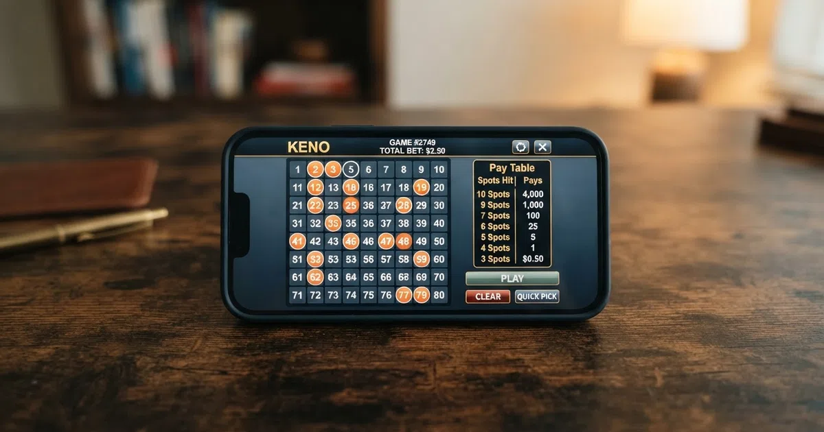 A close-up of an online keno grid on screen, several numbers highlighted as spots against the 80-ball board, with a pay table visible in the sidebar.