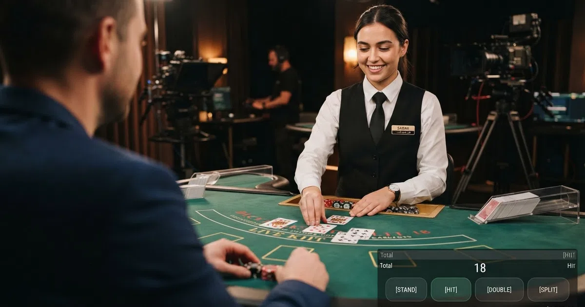 A live dealer standing at a blackjack table in a professionally lit casino studio, looking toward the camera with cards laid out on green felt