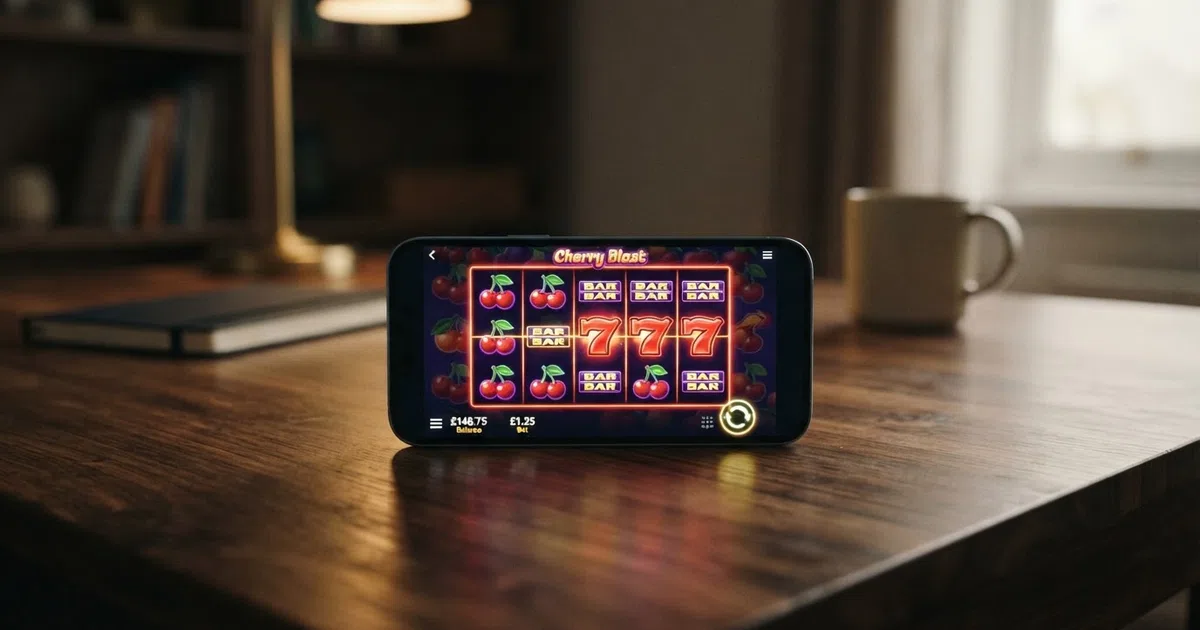 A row of colourful online slot game tiles across a screen, with one tile highlighted to represent a low-volatility title featuring frequent small-win symbols