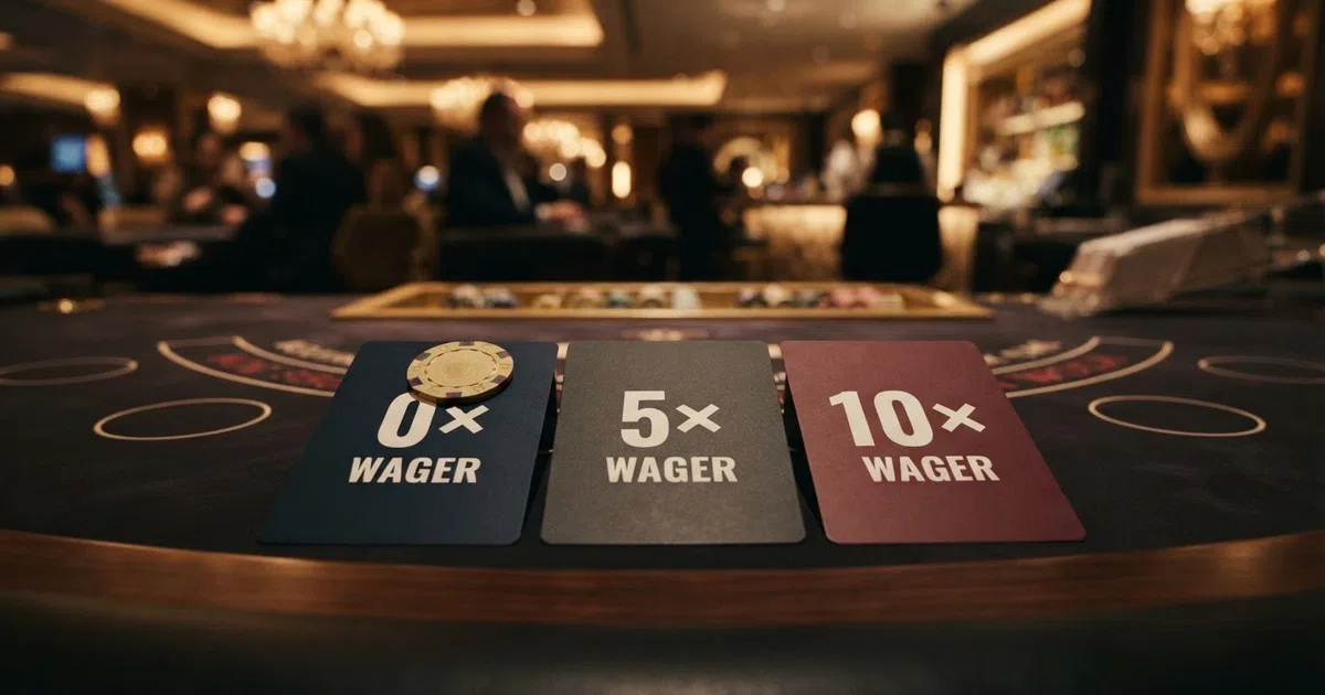 A stacked comparison of three UK casino bonus offer cards showing different wagering multipliers — 0×, 5× and 10× — with the wagering requirement highlighted on each card