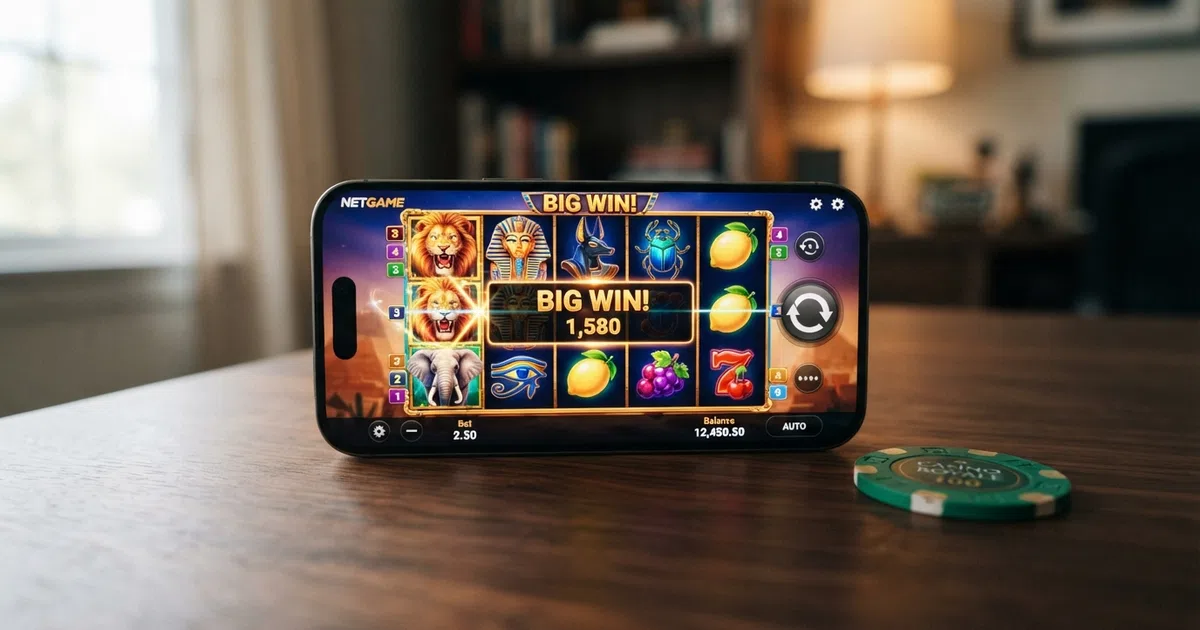 A grid of NetGame slot title cards — Volcano Fruits, Wild Buffalo and Book of Nile: Revenge — arranged above a UKGC licence badge and a sterling-pound symbol