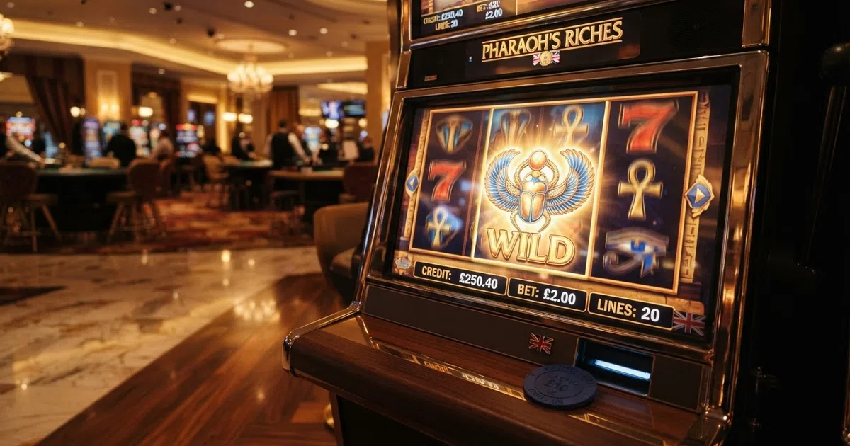 A row of brightly lit slot reels with Egyptian symbols on a casino screen