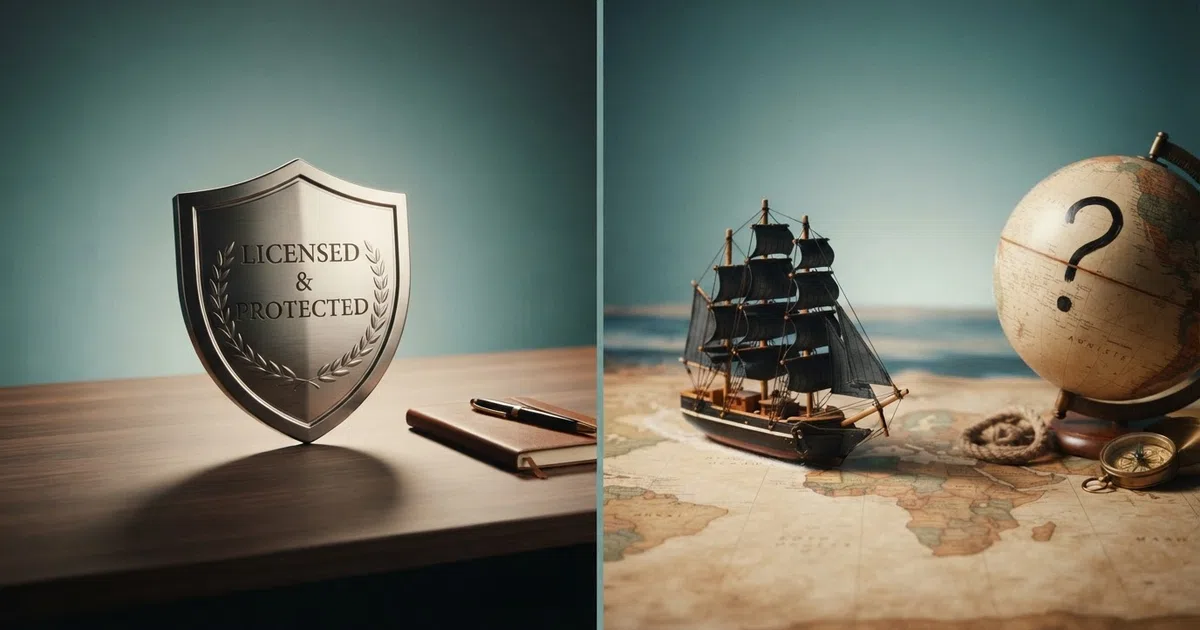 A split-frame illustration: on one side, a UKGC badge with a padlock and the words “Licensed & Protected”; on the other, a globe with a question mark and a ship on the horizon, labelled “Offshore — No GB Licence”