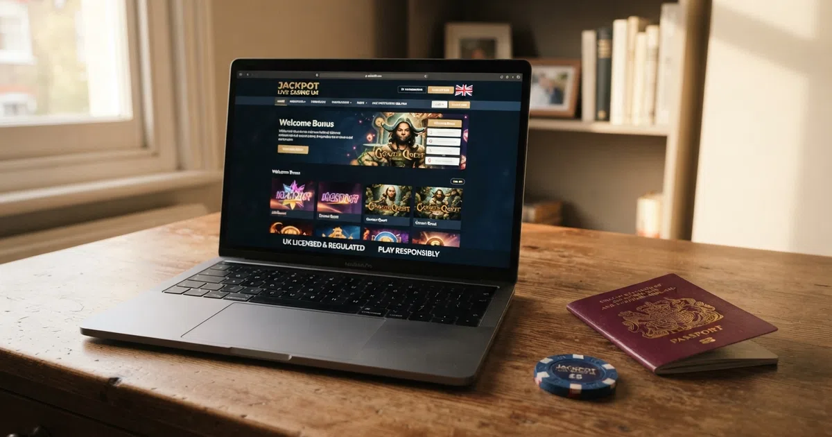 A laptop screen showing a casino homepage beside a UK passport on a desk, with the Union Jack visible in the corner of the frame.
