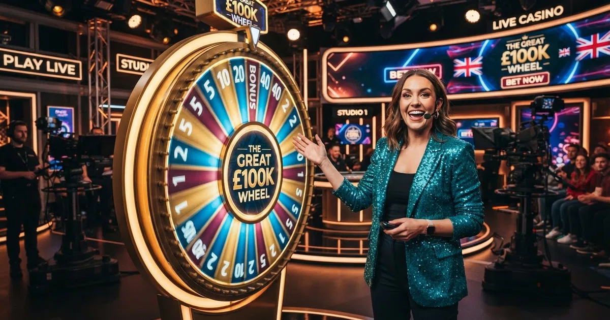 A brightly lit live casino game-show studio with a human host standing beside a large spinning money wheel, coloured betting segments visible, cameras and studio lighting in frame