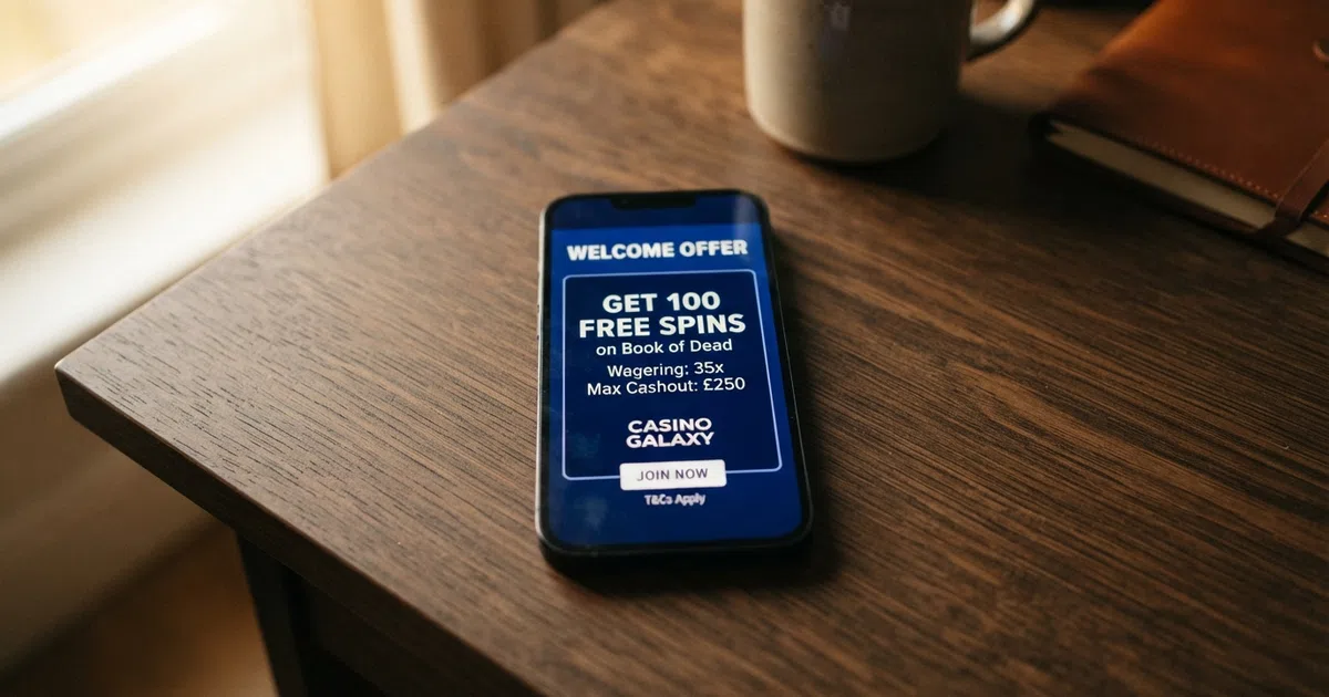 A UK online casino welcome screen showing a welcome-offer banner with terms summary beside a smartphone displaying the same page
