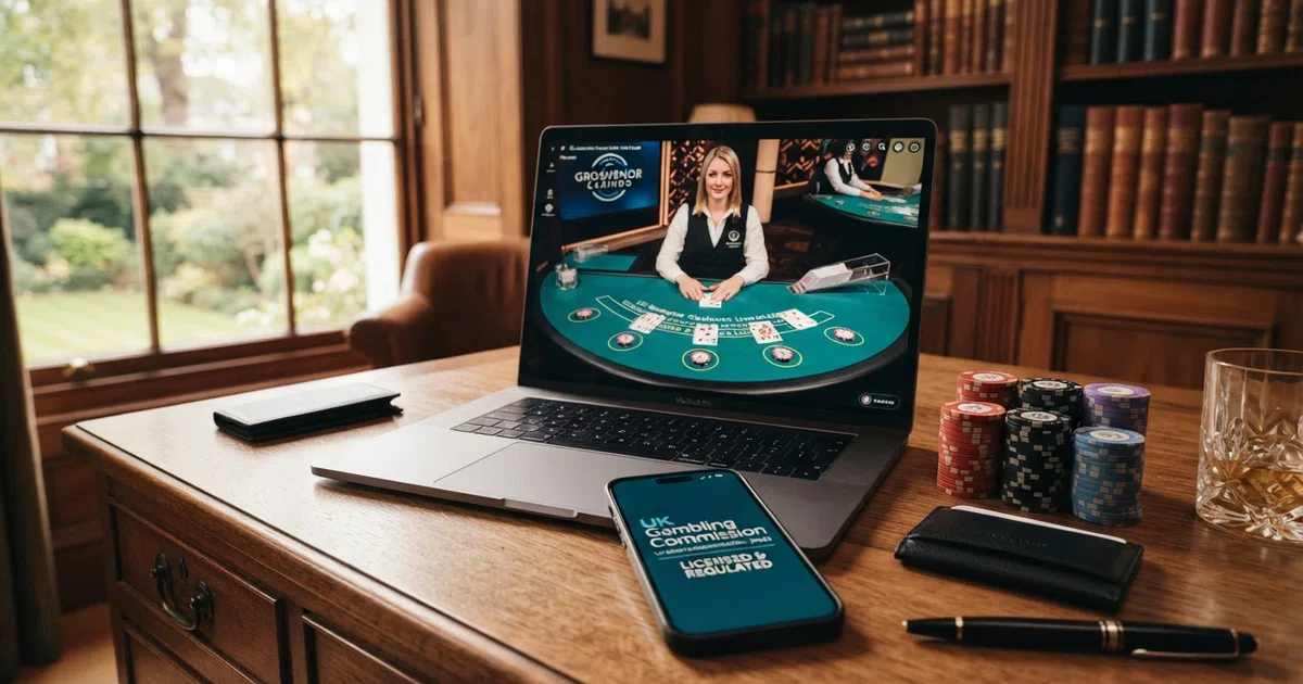 A high-stakes online casino table stacked with chips, a smartphone displaying a UKGC licence badge beside it, and a live-dealer feed visible on a laptop screen