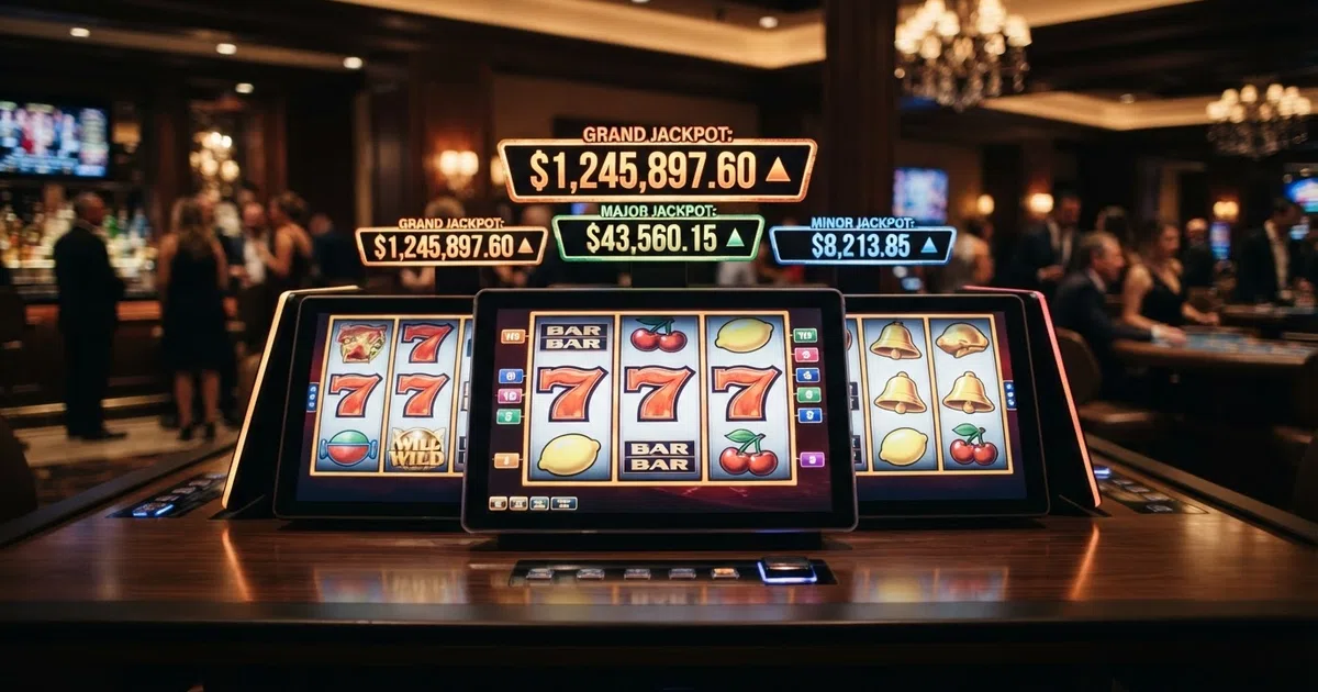 A row of online casino jackpot slot reels with progressive jackpot counters climbing above them