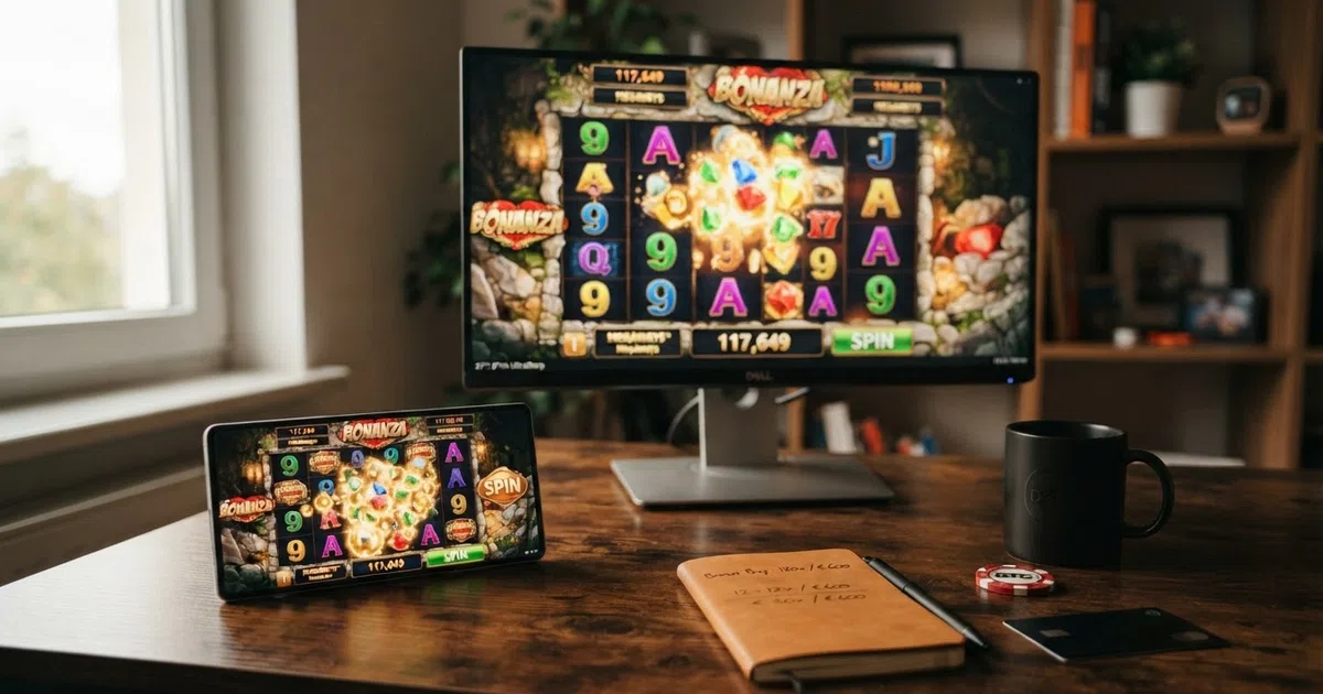 A grid of colourful Big Time Gaming slot reels — Bonanza, Extra Chilli and White Rabbit — with the Megaways logo visible on a desktop and mobile screen side by side