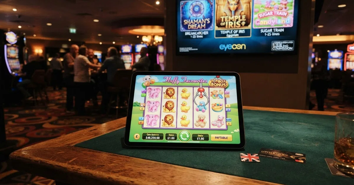 Collection of Eyecon slot game tiles including the Fluffy Favourites, Shaman's Dream and Temple of Iris icons displayed in a casino lobby screen