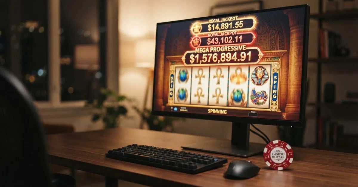 A Jackpot King progressive-jackpot slot reel spinning on a desktop screen, the three-tier prize meter — Royal, Regal, and Jackpot King — glowing above the reels with a live prize total