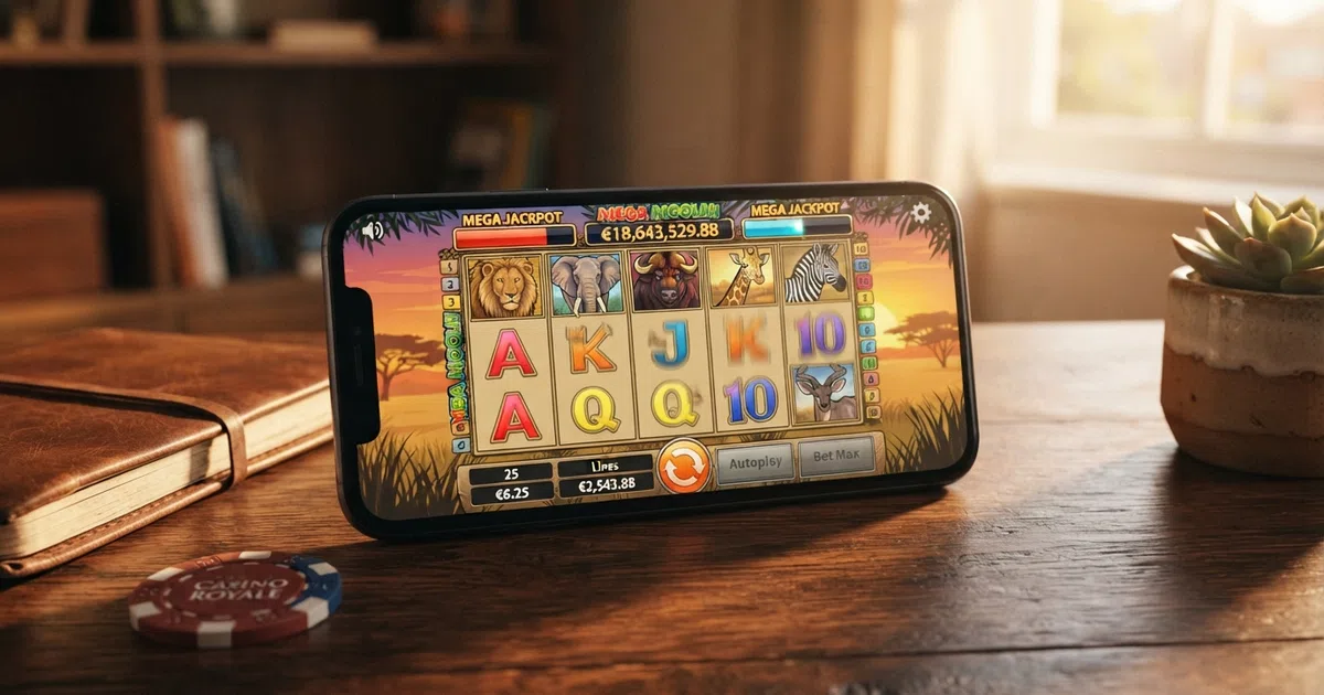 A Mega Moolah online slot game screen with five reels showing safari animal symbols including a lion, elephant and giraffe, the progressive jackpot prize meter displayed above the reels, and the spin button positioned below the fifth reel