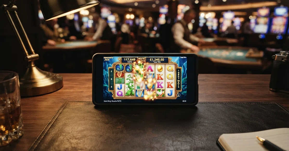 A grid of colourful Megaways slot reels on a smartphone screen, showing the variable row heights and a cascade animation mid-spin