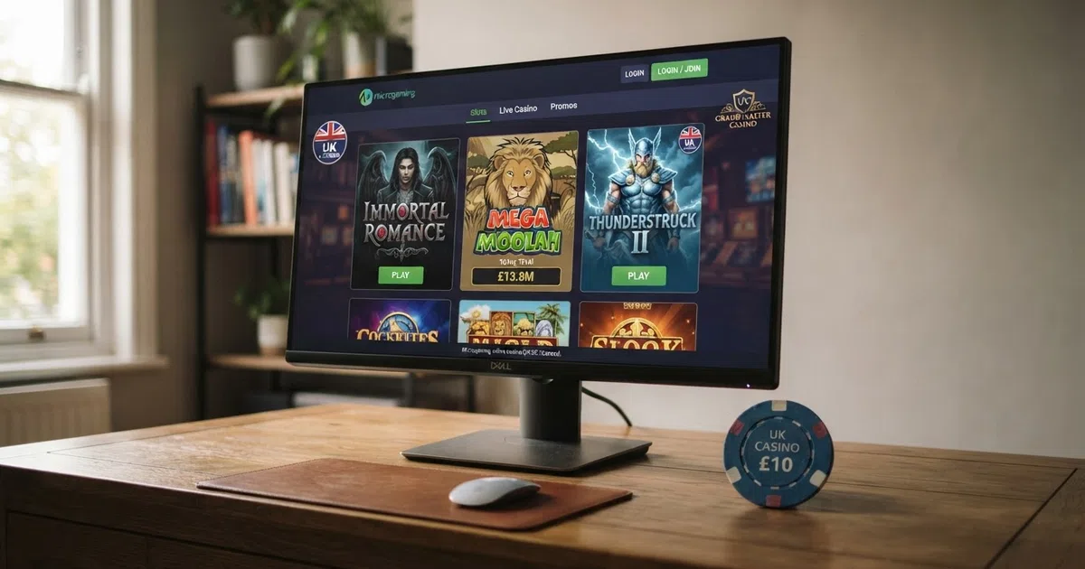 A casino lobby screen displaying a grid of Microgaming slot tiles with Immortal Romance, Mega Moolah and Thunderstruck II in the top row, beside a Games Global studio logo