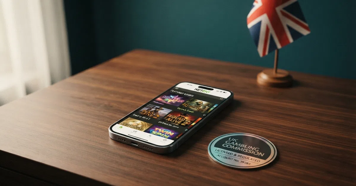 A smartphone displaying a NetEnt slot game lobby beside a UK Gambling Commission licence badge, with a UK flag in the background