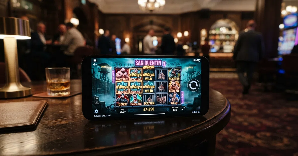 A grid of Nolimit City slot title cards showing San Quentin xWays, Mental, Fire in the Hole xBomb and Tombstone R.I.P. against a dark casino-lobby background