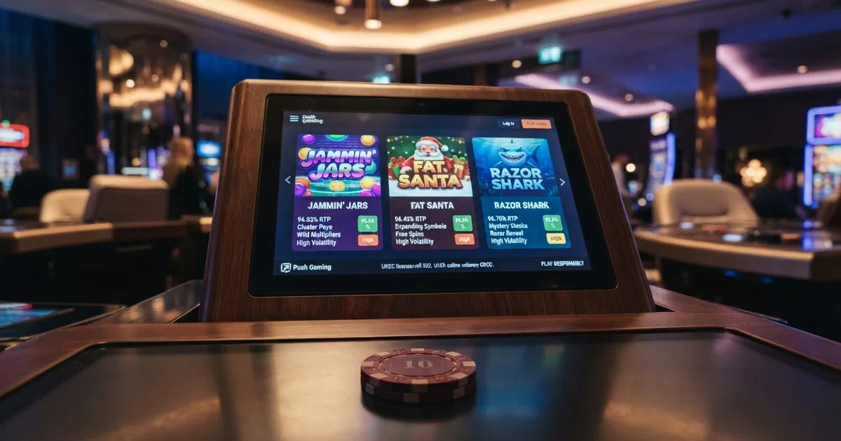 A grid of Push Gaming slot title cards — Jammin' Jars, Razor Shark and Big Bamboo — displayed on a casino lobby screen with RTP percentages visible