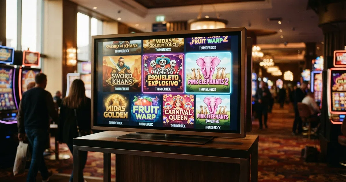 A grid of brightly coloured Thunderkick slot game tiles including Esqueleto Explosivo and Pink Elephants 2 displayed on a casino lobby screen