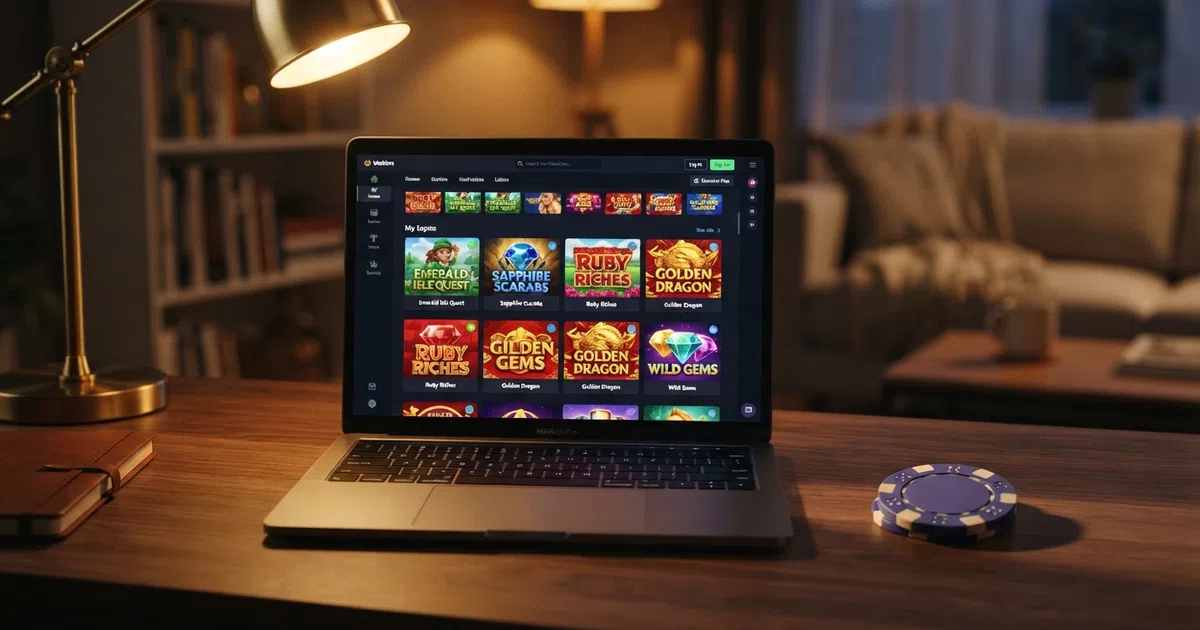 A desktop browser displaying a Yggdrasil slot game lobby with colourful game thumbnails, the Yggdrasil logo and a search bar visible
