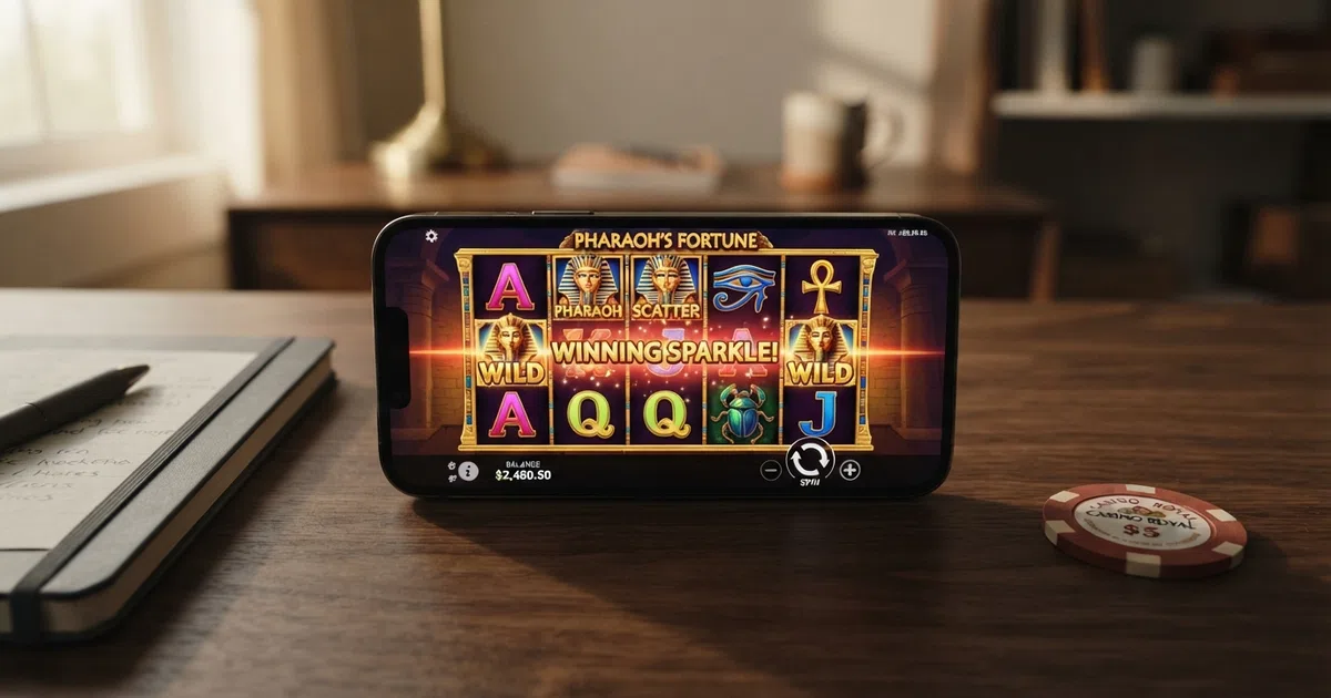 A brightly lit online slot game screen showing five reels with colourful symbols, and an info-button icon highlighted to indicate where the RTP percentage is displayed