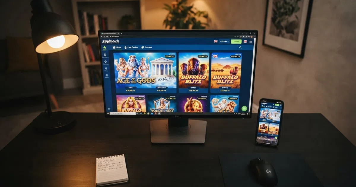 A wide-angle view of a Playtech-powered online casino lobby displayed on a desktop screen and a smartphone, showing Age of the Gods and Buffalo Blitz thumbnail tiles with a UKGC licence badge visible