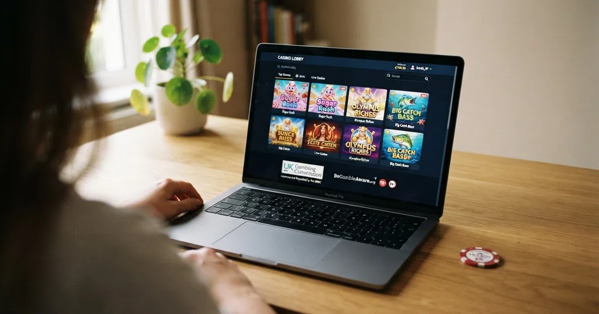 A browser window open to a UK online casino lobby showing a grid of colourful Pragmatic Play slot thumbnails — Sweet Bonanza, Gates of Olympus and Big Bass Bonanza visible — with a UKGC licence badge in the footer