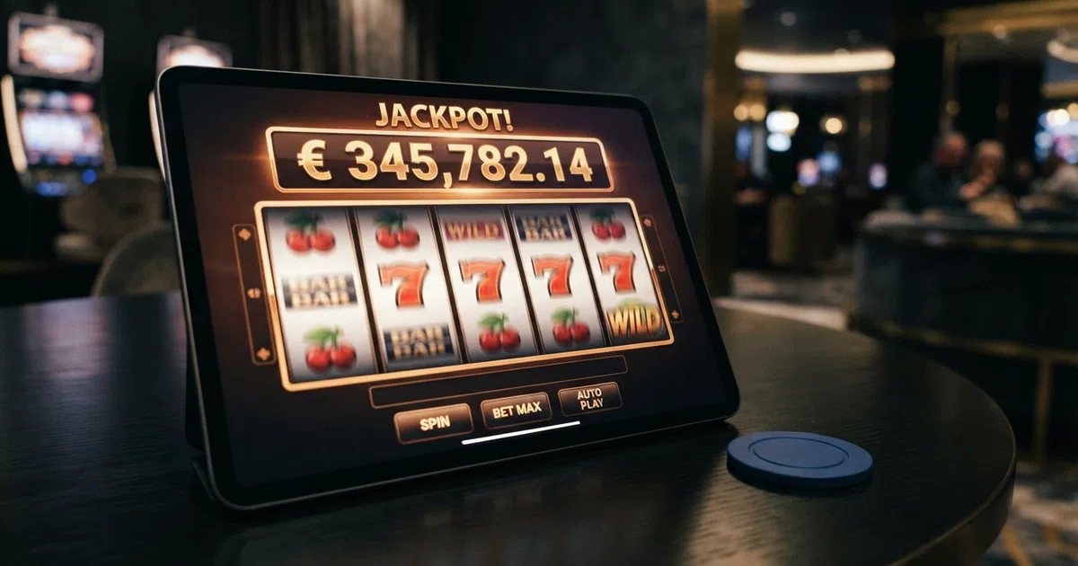 A close-up of an online slot machine screen with a six-figure progressive jackpot total displayed prominently above the reels, the digits lit in gold against a dark casino-style background