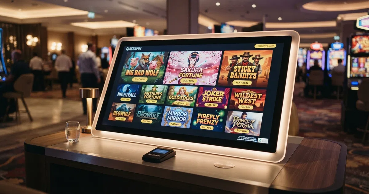 A grid of colourful Quickspin slot game tiles — Big Bad Wolf, Sakura Fortune, and Sticky Bandits — displayed on a casino lobby screen beside a UKGC licence badge