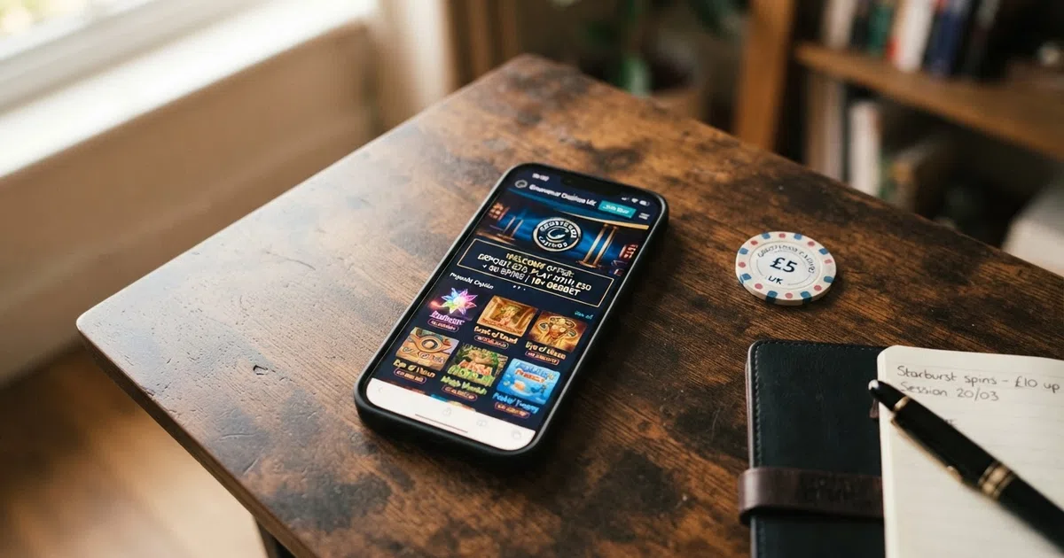 A smartphone displaying a UK online casino lobby with slot game thumbnails and a welcome-offer banner
