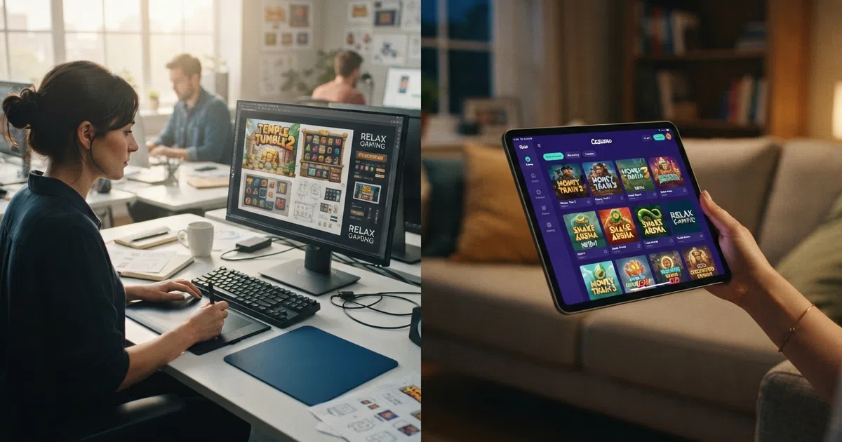 A split composition: on one side, the Relax Gaming studio logo and a developer workstation with slot-reel concept art on screen; on the other, a UK online casino lobby grid showing Relax Gaming titles alongside games from other providers