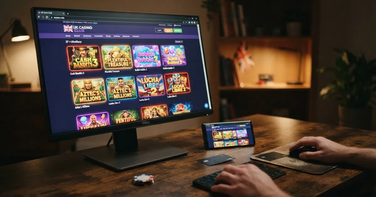 Grid of RTG casino slot game thumbnails displayed on a desktop browser beside casino branding