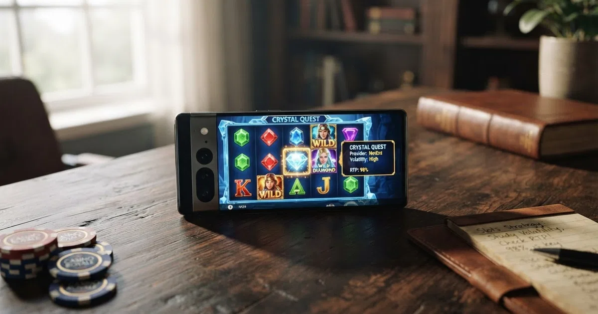 A grid of online slot game tiles on screen with an RTP percentage figure highlighted in the information pane