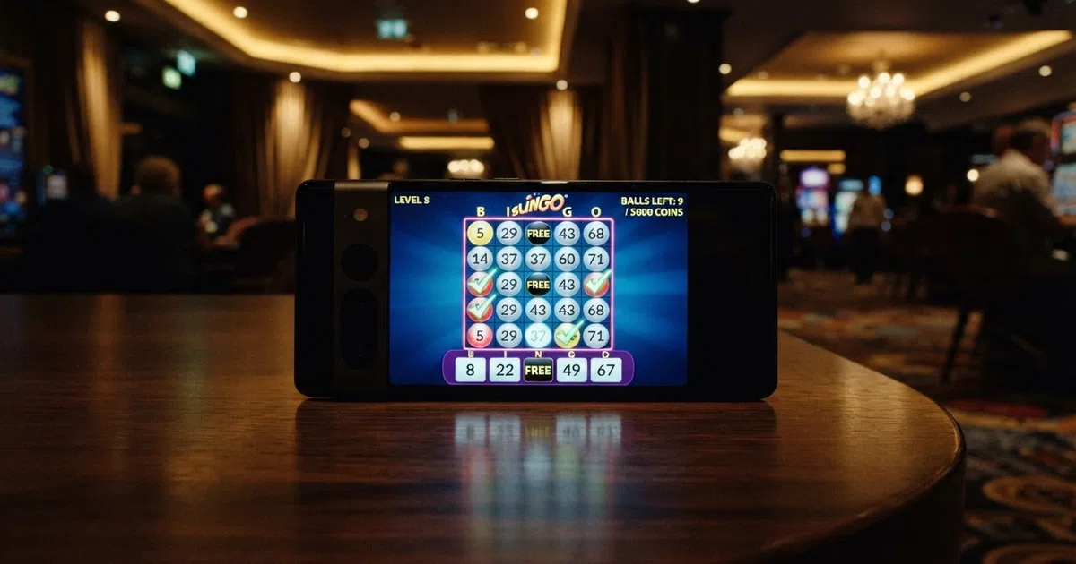 A smartphone screen displaying a Slingo 5×5 grid mid-game, with numbered balls marked off and a slot-reel strip visible at the bottom, set against a dark casino-lobby background with game-tile thumbnails.