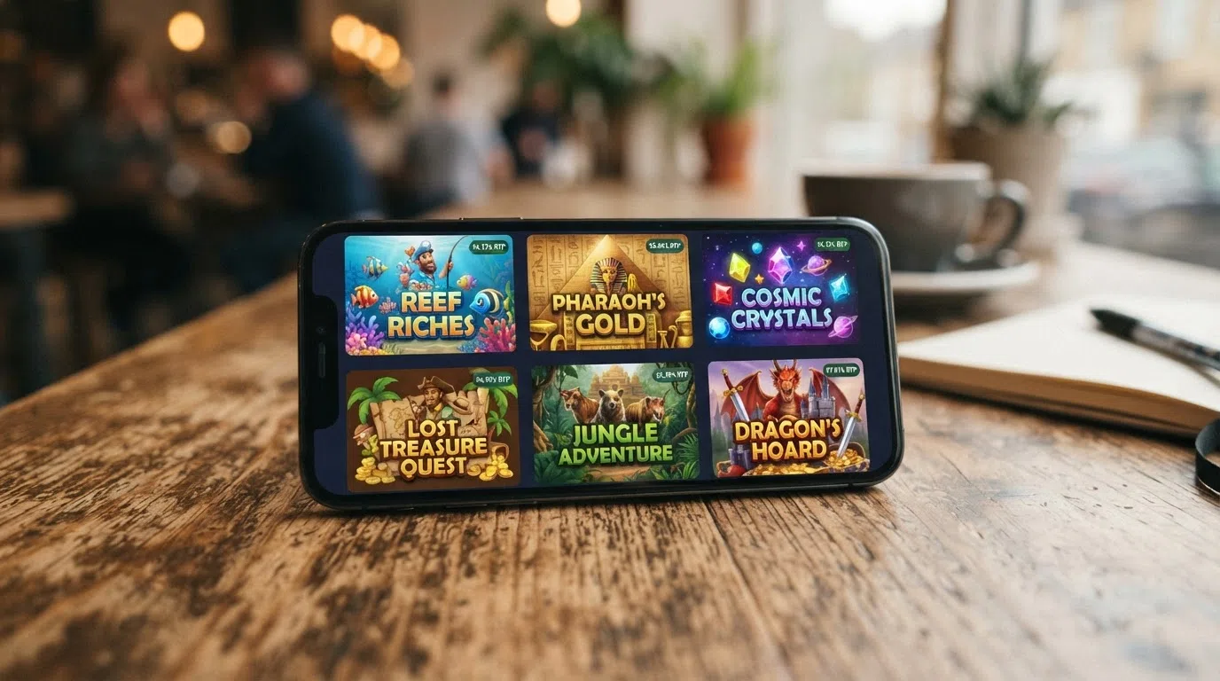A tiled preview of six slot game title screens — Big Bass Bonanza, Starburst, Book of Dead, Fishin' Frenzy, Eye of Horus, and The Goonies — with each game's RTP percentage overlaid in a corner badge