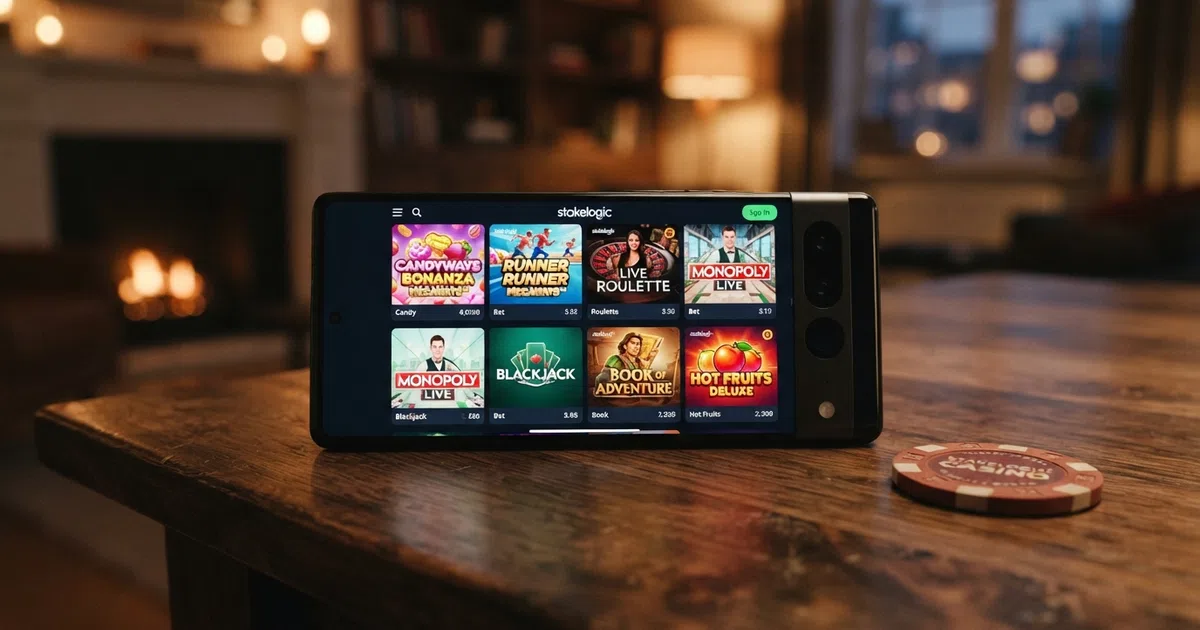 A smartphone screen displaying a Stakelogic slot game lobby with colourful game tiles, set against a dark background with the Stakelogic logo visible