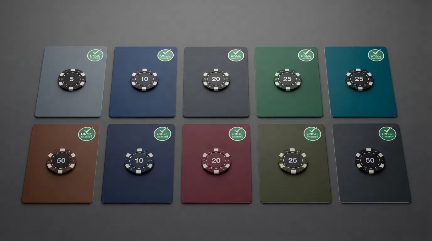 A side-by-side visual of ten casino brand cards arranged in a comparison grid, each showing its welcome-offer badge and a green “UKGC Licensed” tick