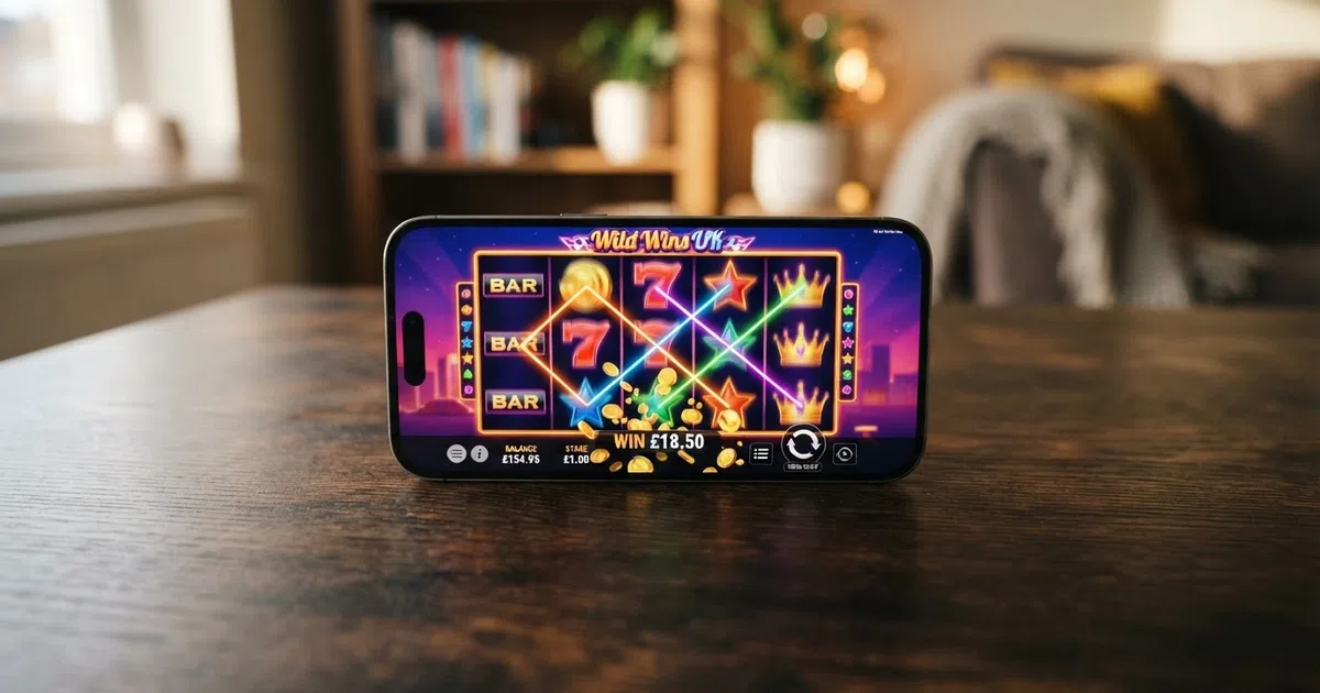 Five reels of a brightly lit video slot game displayed on a smartphone screen, showing the spin button, payline indicators and a partial win animation