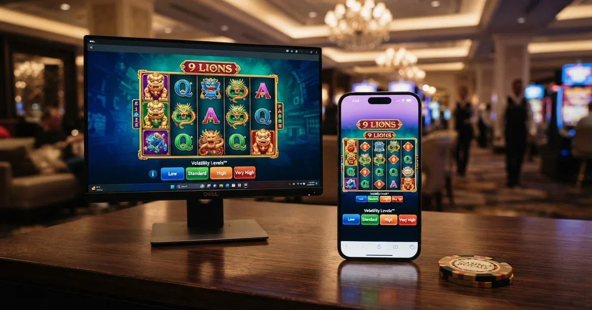 A Wazdan slot game grid displayed on a desktop and mobile screen side by side, showing the Volatility Levels selector interface