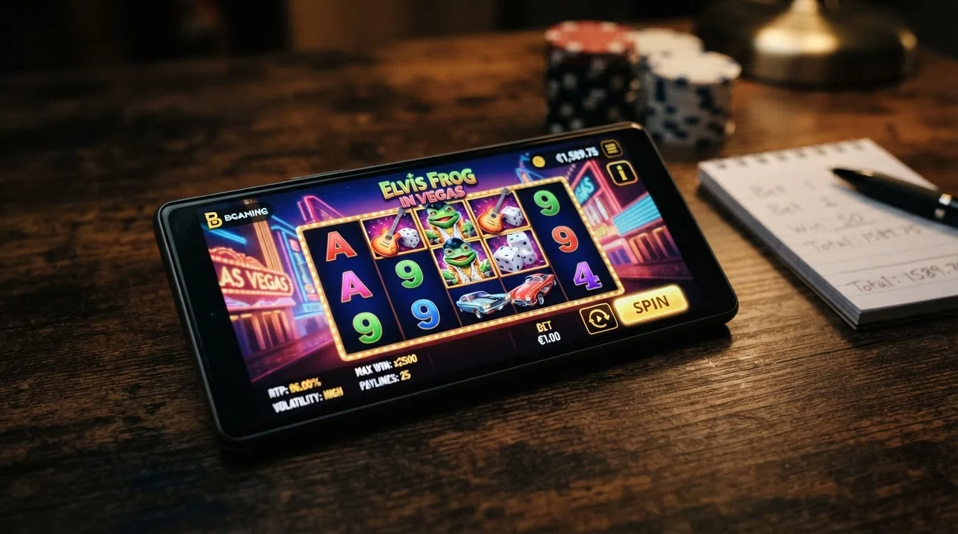 A screenshot of a BGaming slot in play — such as Aztec Clusters or Elvis Frog in Vegas — showing the game interface, reels and RTP information panel