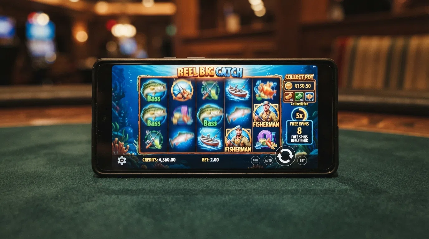 The Big Bass Bonanza slot grid mid-spin on a mobile screen, with the collect symbol and free-spins counter visible, against a fishing-themed backdrop