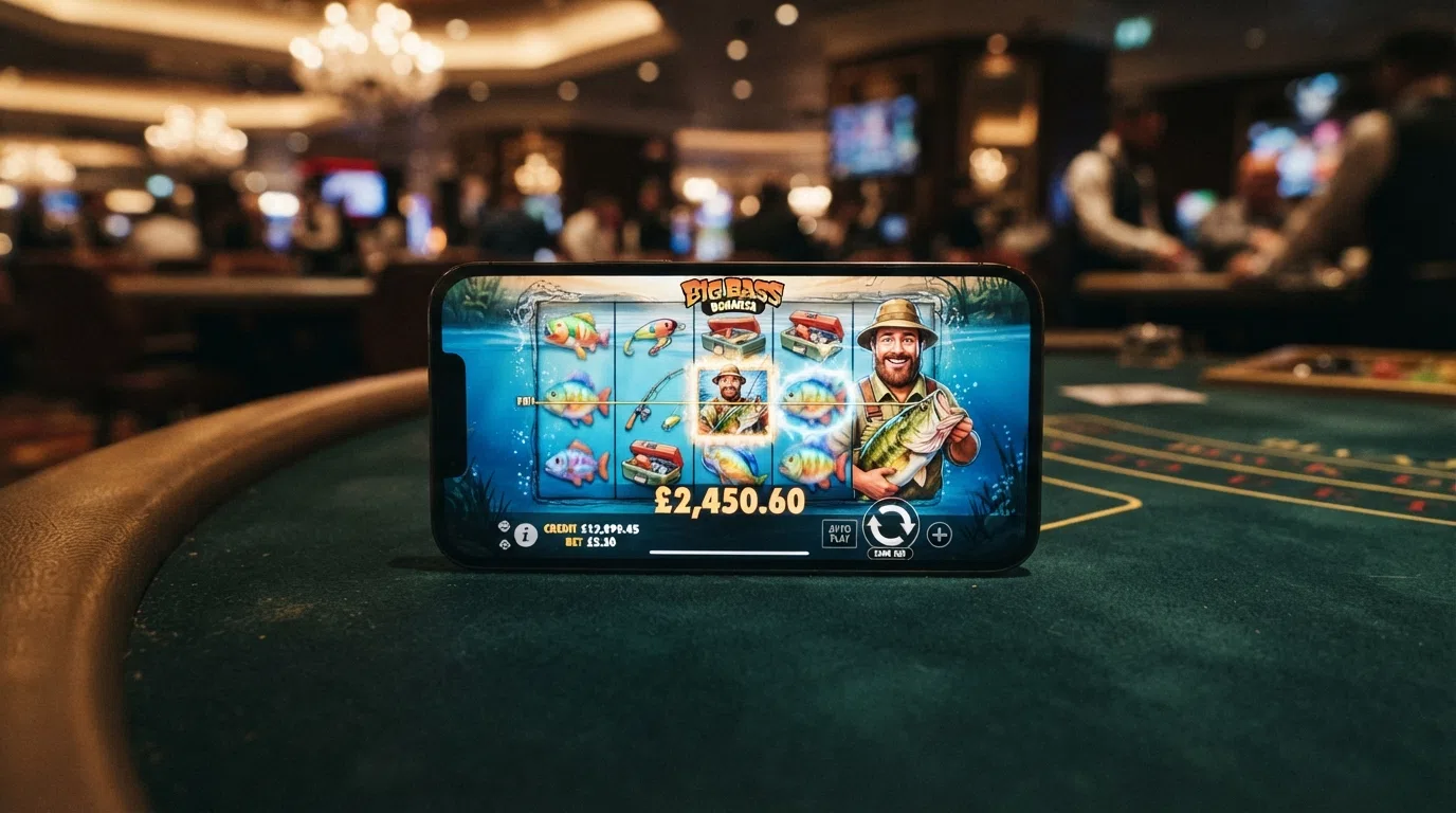The Big Bass Splash slot reels in play with the fisherman character, aquatic symbols, and the spin button visible