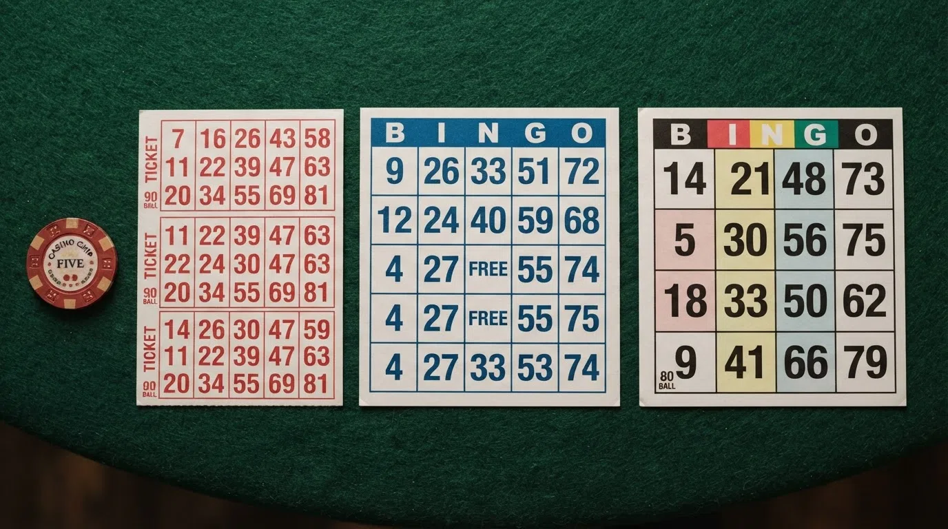 Three bingo cards laid out side by side showing 90-ball, 75-ball and 80-ball ticket grids with their different structures