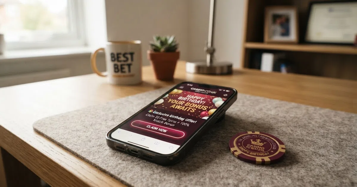 A UK-licensed online casino promotions page showing a birthday bonus notification on a smartphone screen, with a birthday-themed banner and a claim button visible