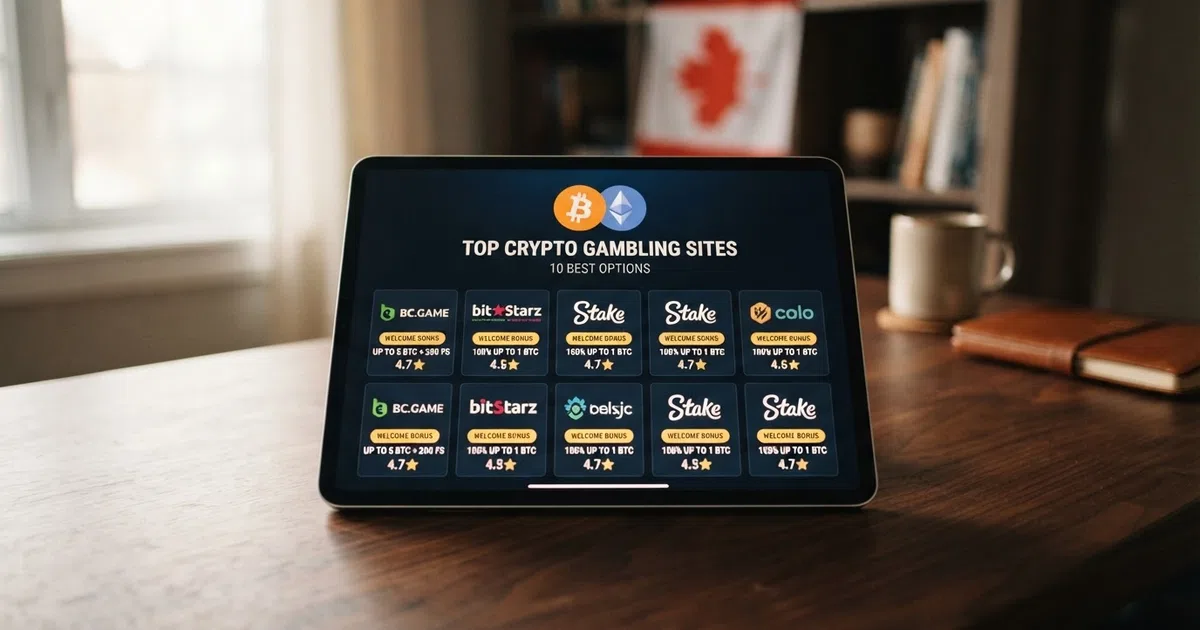 Ten online casino logo tiles arranged in a ranked comparison grid, each showing a welcome bonus badge and star rating, set against a dark background with the Bitcoin Cash logo at the top
