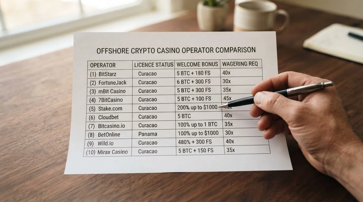 A comparison table with ten casino rows and columns for licence, welcome bonus, free spins and wagering