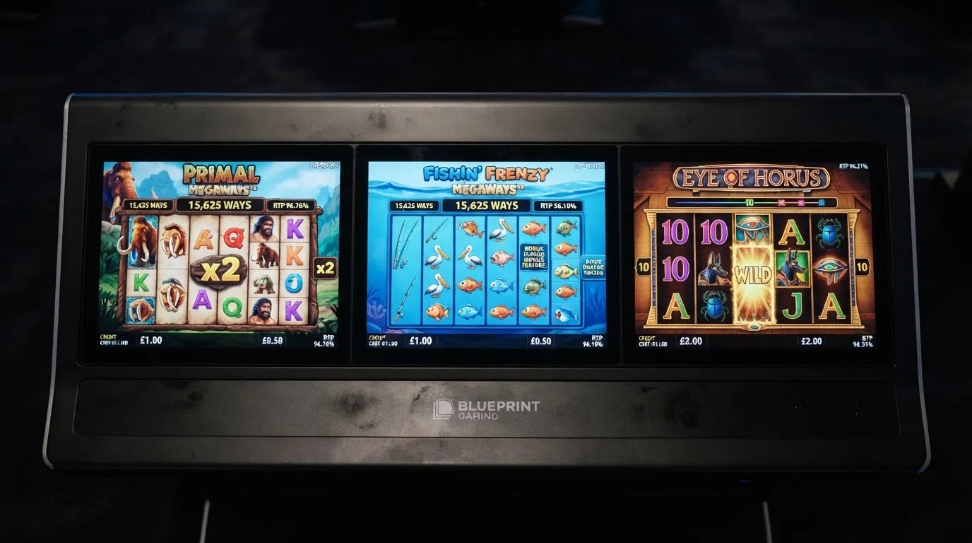 A comparison-style layout showing three Blueprint slot reels side by side — Primal Megaways, Fishin' Frenzy Megaways, and Eye of Horus — with RTP percentages overlaid