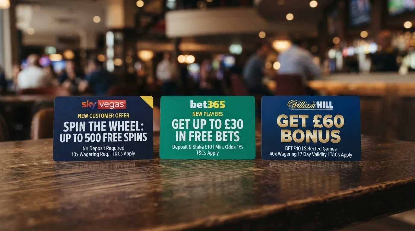 A clean side-by-side visual of welcome-offer cards from Sky Vegas (70 no-deposit spins), bet365 (up to 500 spins), and William Hill (200 spins), each with its key terms highlighted