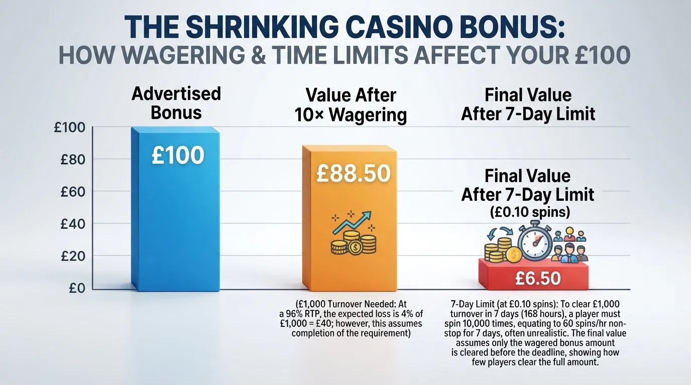 A simple bar chart showing a £100 headline bonus shrinking through three stages: the advertised £100 bar, then a reduced bar labelled “after 10× wagering (£1,000 turnover required)”, then a final bar labelled “after 7-day time limit at £0.10 spins” showing how few players clear the full value