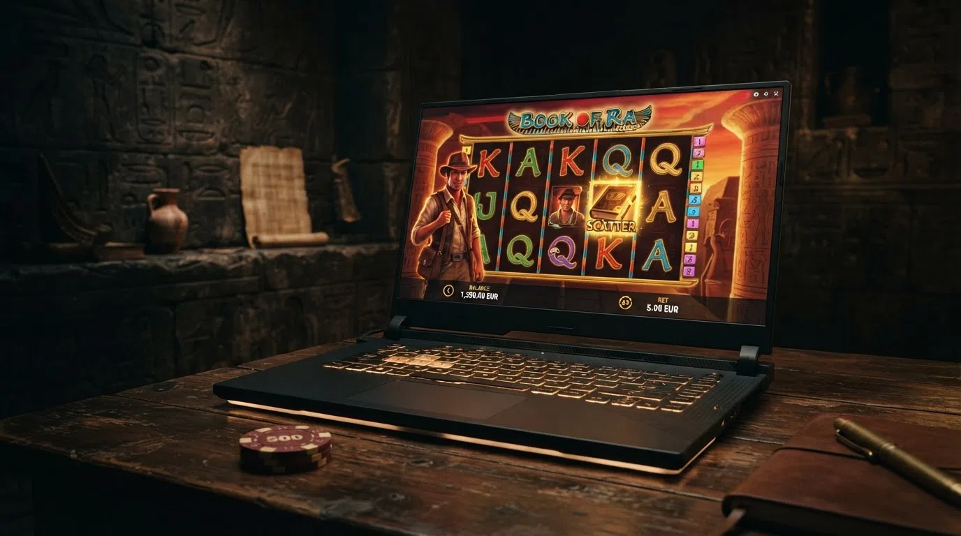 The Book of Dead slot reel set against an Egyptian-temple backdrop, showing the Rich Wilde character symbol and the golden book scatter
