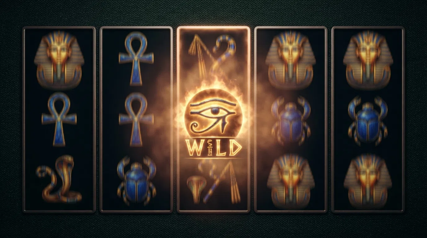 Close-up of five reels showing Egyptian symbols and an expanding wild frame